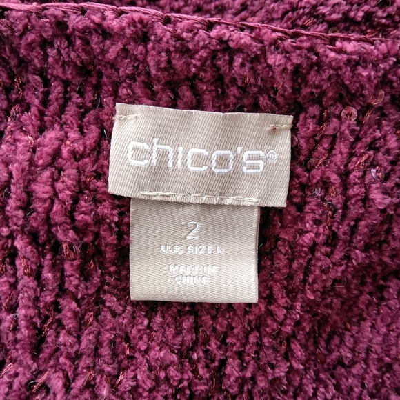 Chico's Chenille Shine V-Neck Pullover Wine Color Sequin Detail Size 2 Large - Picture 8 of 9